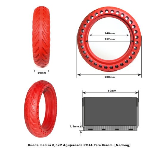Rueda maciza 8,5x2 Agujereada ROJA Para Xiaomi - Imagen 3